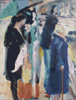 Ecke Pempelforter 2, wartende Menschen an einer Kreuzung, gemalt mit Ölfarben